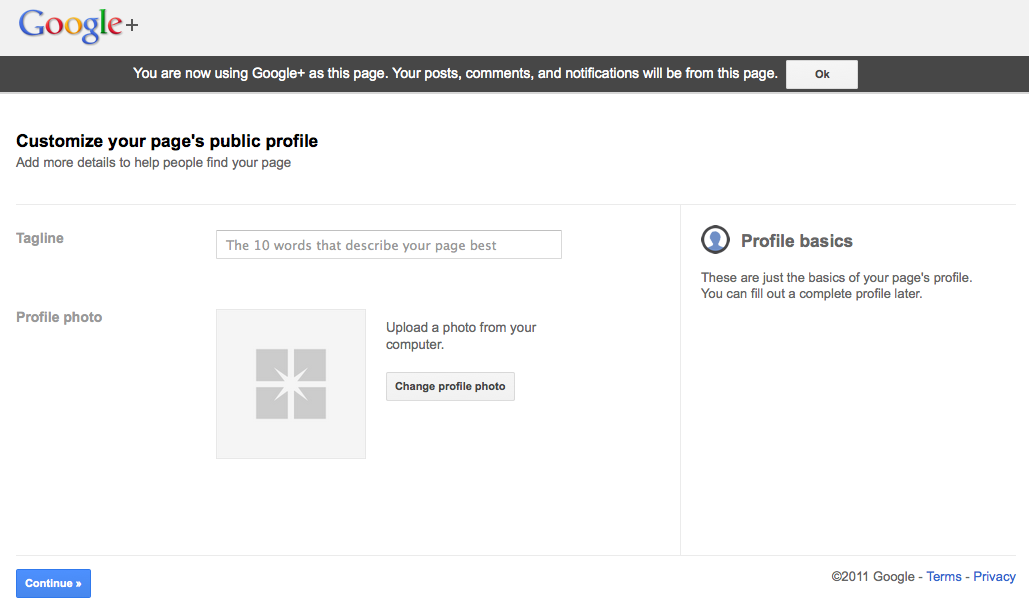 Google+ Page Creation - Initial Profile Settings